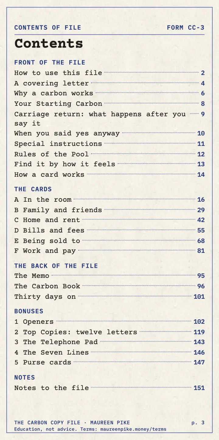 The contents page: six tabs, 36 cards and the extras at the back.