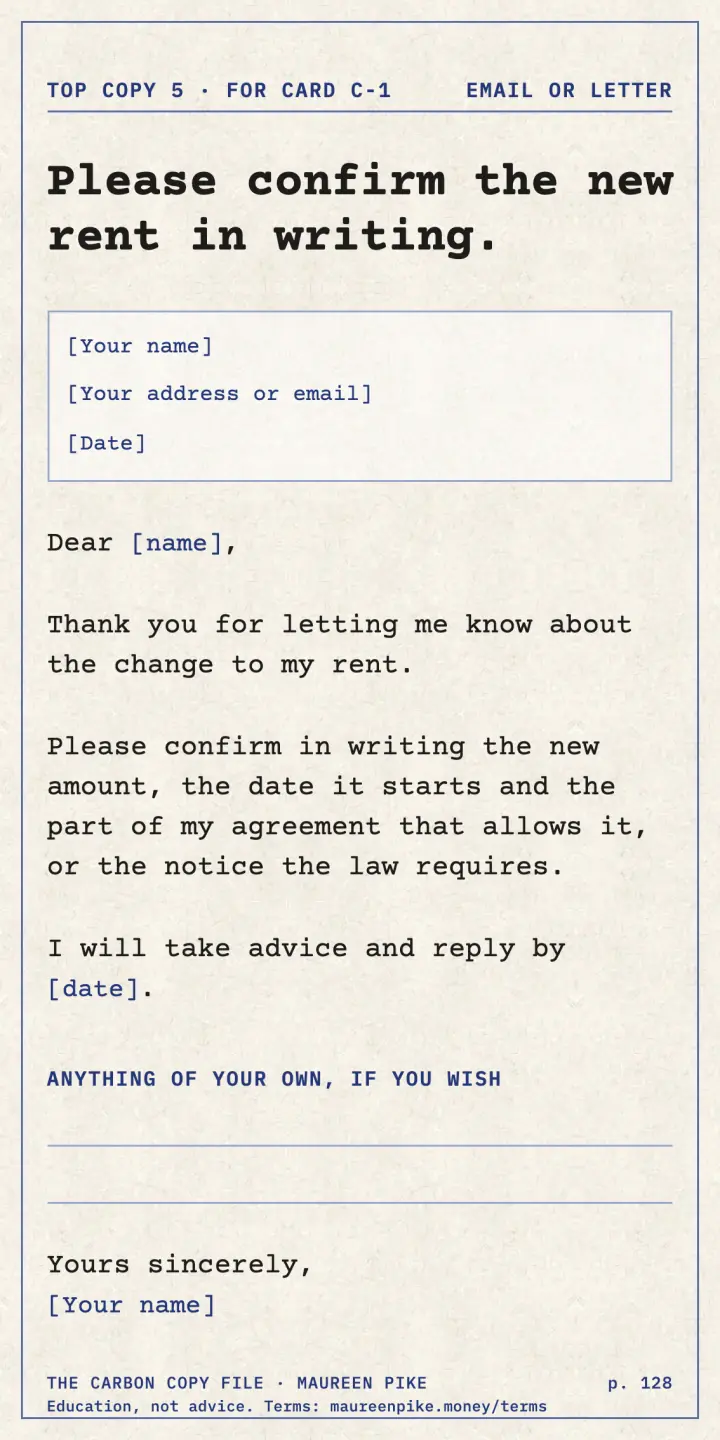 A ready-to-send letter asking for the new rent in writing.