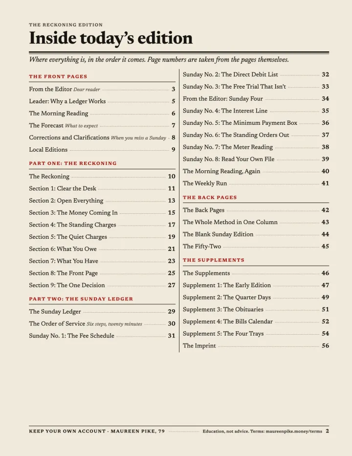 The contents page, set as a newspaper index headed Inside today’s edition.