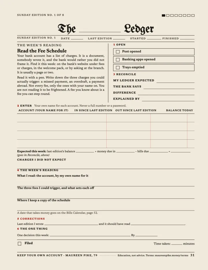Sunday Edition No. 1: a one-page weekly form with a blank masthead for your surname.
